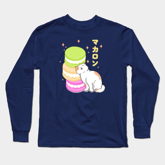 Kawaii Cat and Macaron Long Sleeve T-Shirt by Kimprut